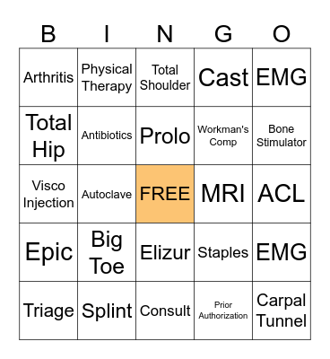 ORTHOPEDICS Bingo Card