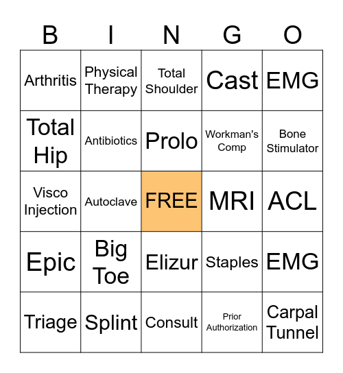 ORTHOPEDICS Bingo Card