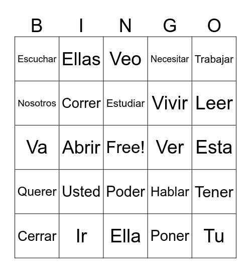 Subject Pronouns & Verbs Bingo Card
