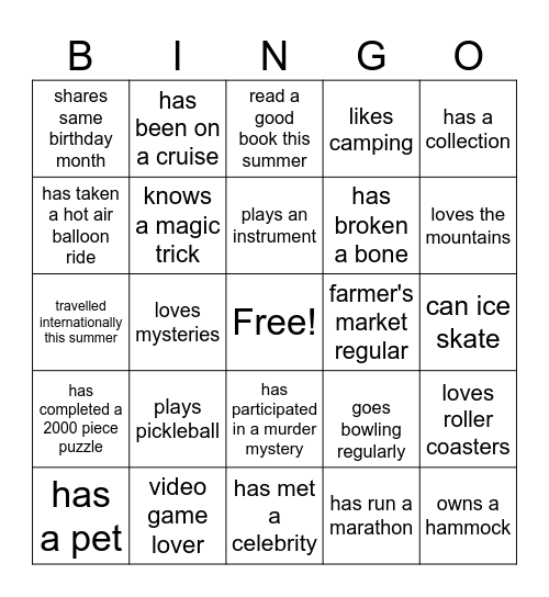 GET TO KNOW YOU BINGO Card