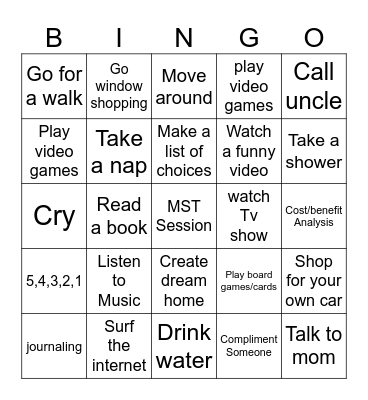 Coping Skills Bingo Card