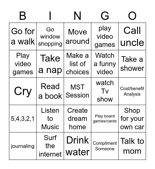 Coping Skills Bingo Card
