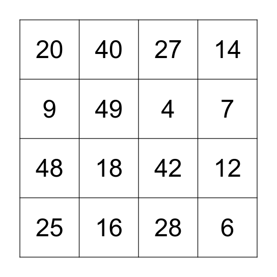 Multiplication Bingo Card