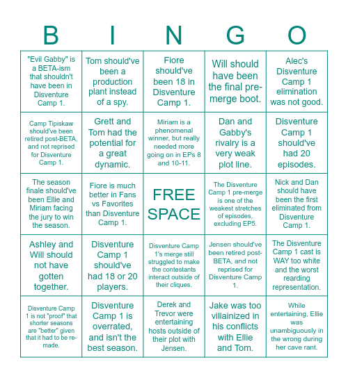 Disventure Camp 1 - hot (and cold) takes Bingo Card