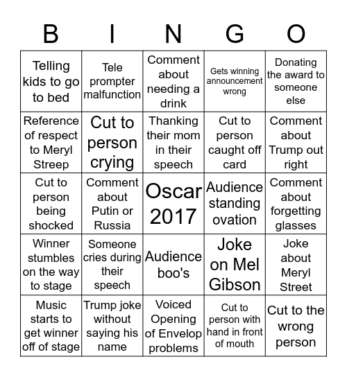 Oscar 2017 Bingo Card