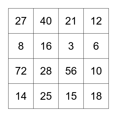 Multiplication Bingo Card