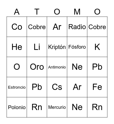 Bingo de los elementos Bingo Card