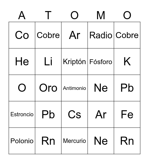 Bingo de los elementos Bingo Card
