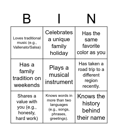 Identity  Bingo Card