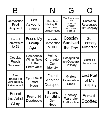 Comic Con Bingo Card