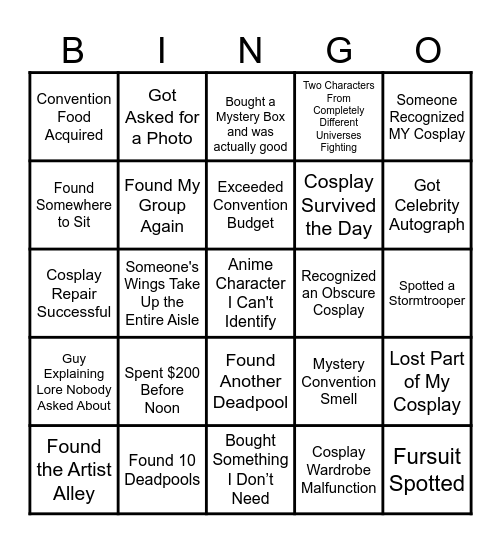 Comic Con Bingo Card