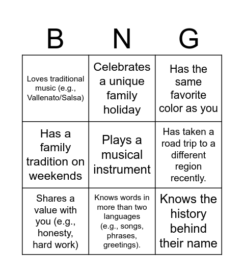 Identity  Bingo Card