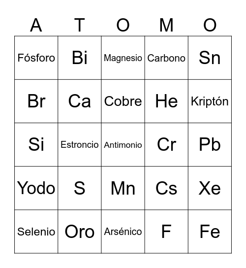 Bingo de los Elementos Bingo Card