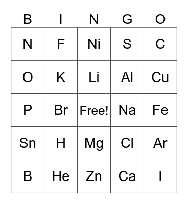 Periodic Table Bingo Card