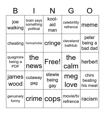 family guy Bingo Card