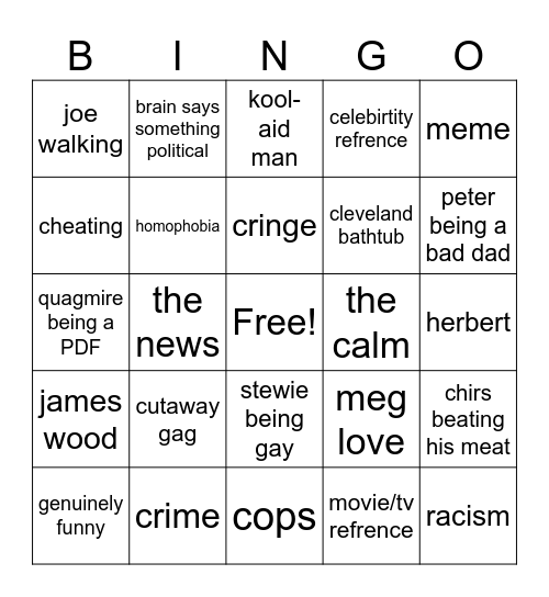family guy Bingo Card