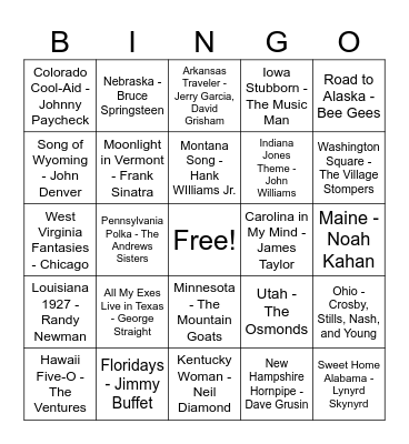 Music Bingo: State Titles! Bingo Card