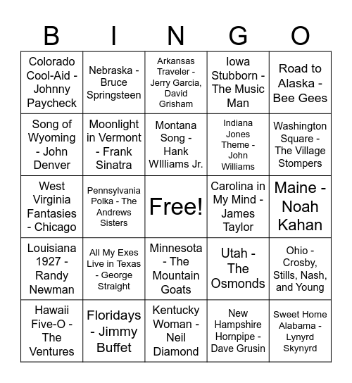 Music Bingo: State Titles! Bingo Card