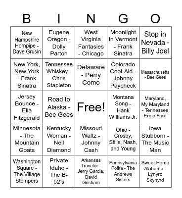 Music Bingo: State Titles! Bingo Card