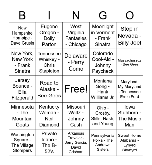 Music Bingo: State Titles! Bingo Card