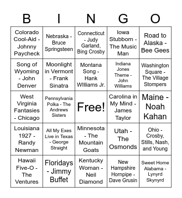Music Bingo: State Titles! Bingo Card