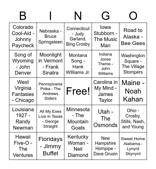 Music Bingo: State Titles! Bingo Card