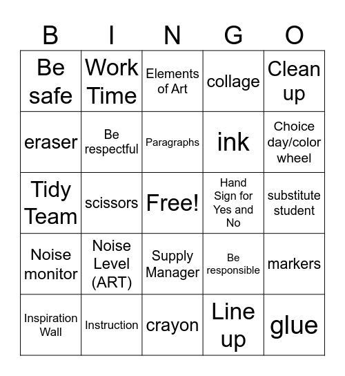 Art Routines and Procedures Bingo Card