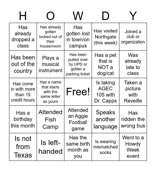 AGEC 101 Bingo Card