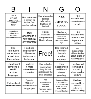 Cultural Bingo Card