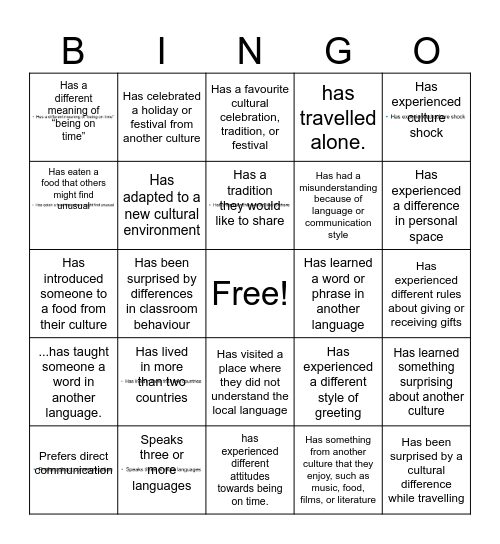 Cultural Bingo Card