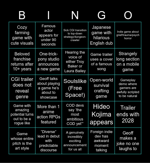 Opening Night Live 2026 Bingo Card