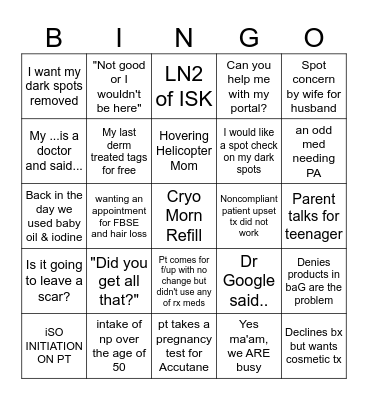 Wednesday Dermatology Bingo Card