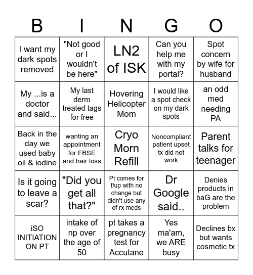 Wednesday Dermatology Bingo Card