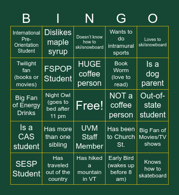 Pre-Orientation Get to Know You! Bingo Card