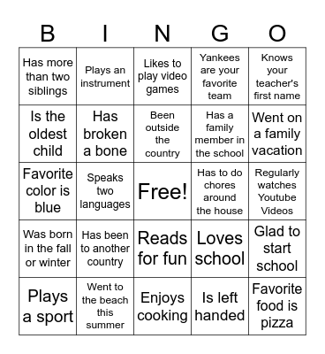 First Day of School Bingo Card