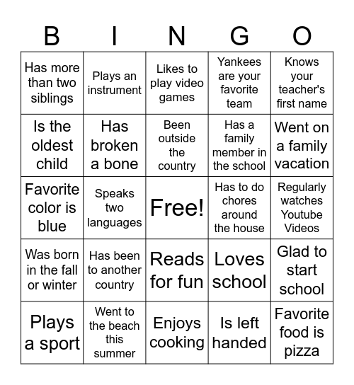 First Day of School Bingo Card