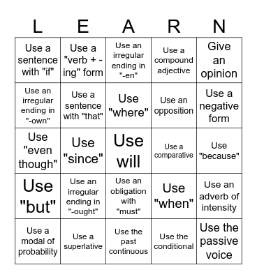 LEARN-ing ENGLISH Bingo Card