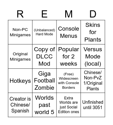 PvZ 1 Remake (Mod) Bingo Card