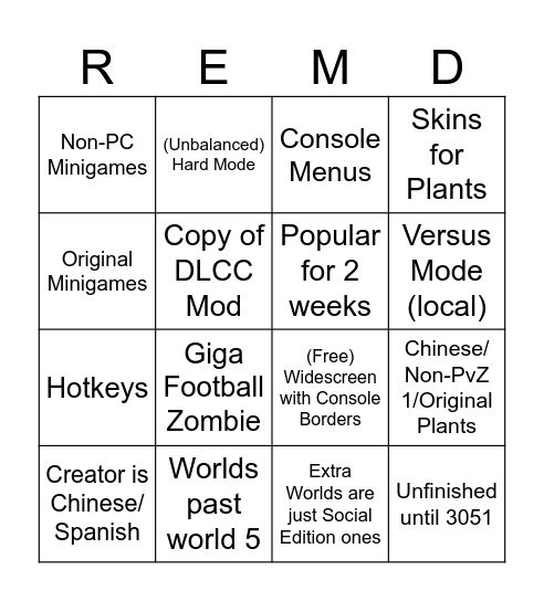 PvZ 1 Remake (Mod) Bingo Card