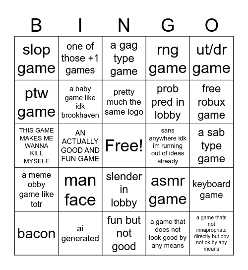 roblox game bingo Card