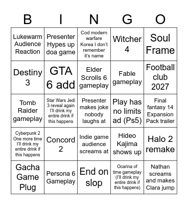 Gamescon Bingo Card