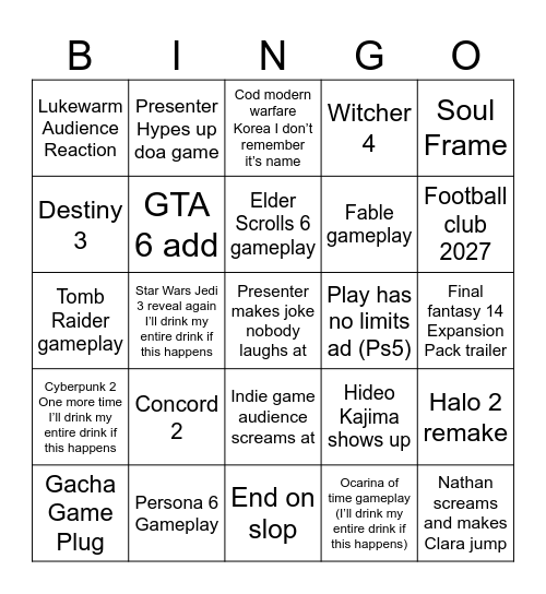 Gamescon Bingo Card