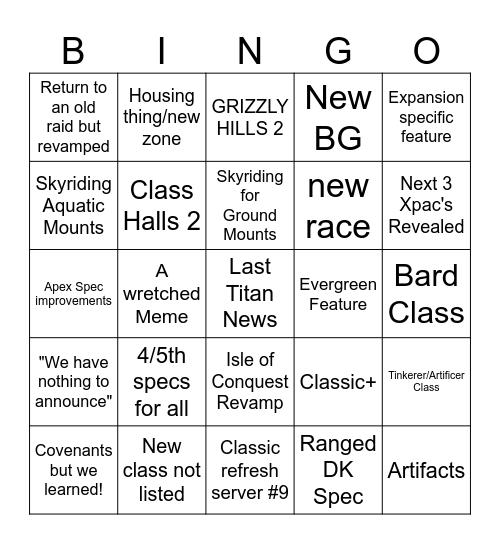 Blizzcon Bingo Card