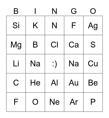 Periodic Table Bingo (First 20 elements) Bingo Card
