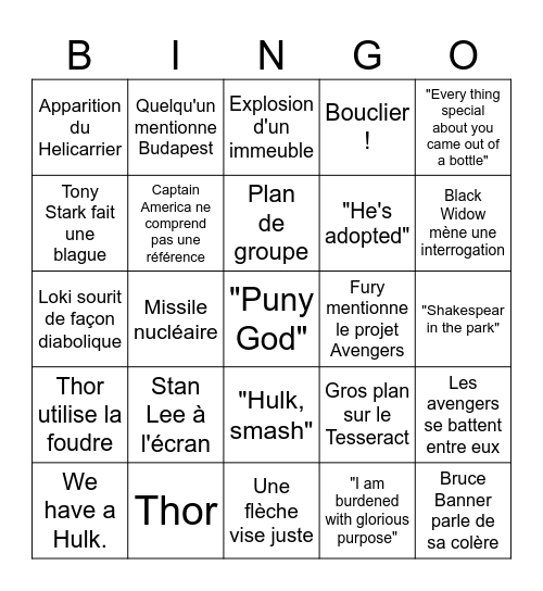 Avengers 1 Bingo Card