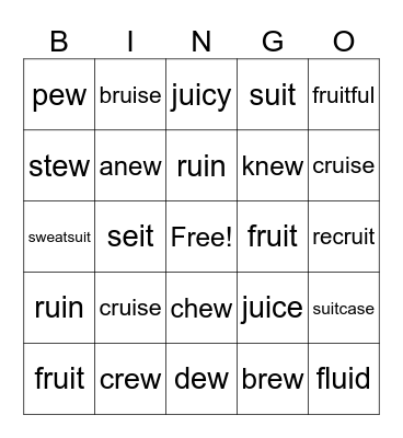 Words with EW, UI, and UE Bingo Card