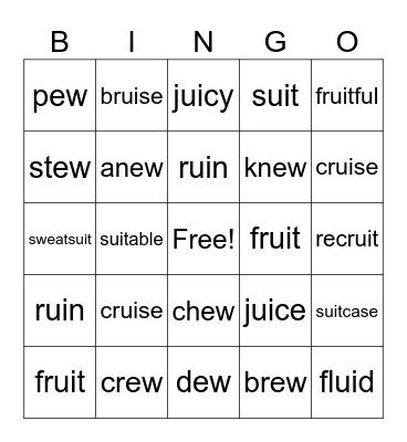 Words with EW, UI, and UE Bingo Card