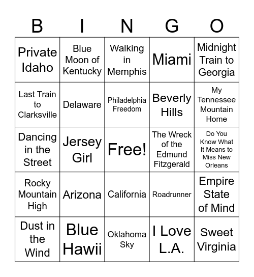 United States of Music Bingo Card