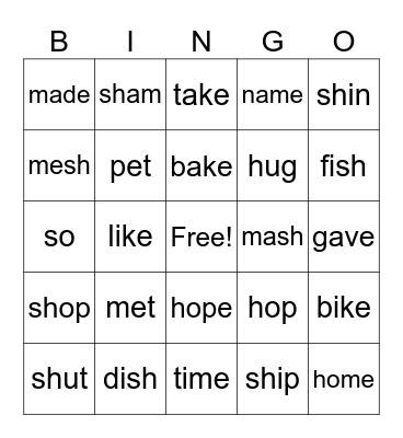 magic e, sh digraph (start & end), open/closed syllable Bingo Card