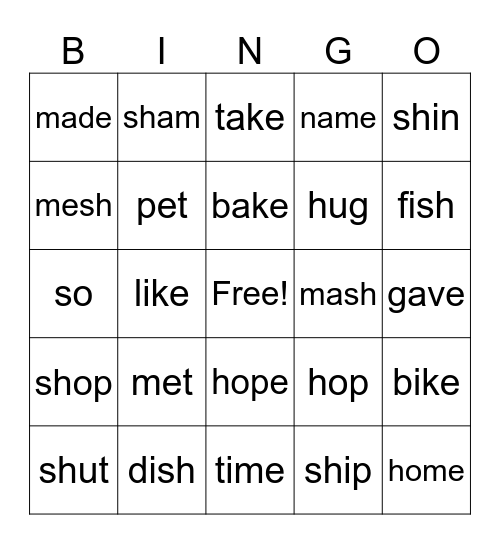 magic e, sh digraph (start & end), open/closed syllable Bingo Card